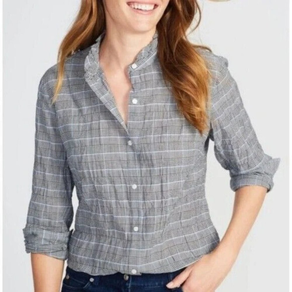 J. McLaughlin Black Blue Plaid Button Down Long Sleeve Top Size Medium